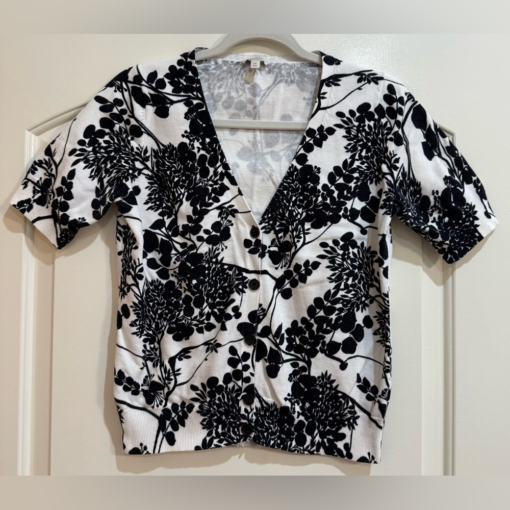 Talbots Black and White Floral Short Sleeve Cardigan